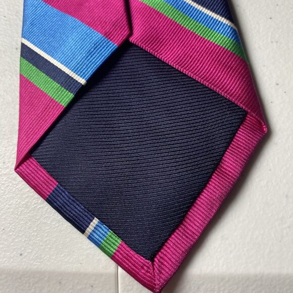BREUER Men's Silk Necktie ITALY Hand Made Designer STRIPED Pink/Blue/Green EUC - Picture 4 of 8